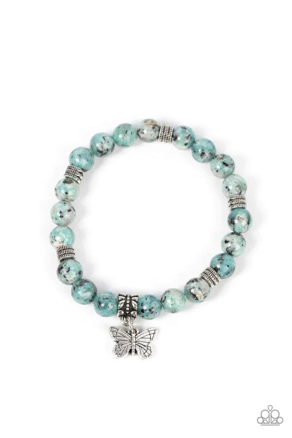 Butterfly Nirvana - Blue Stone Silver Butterfly Charm Stretchy Bracelet