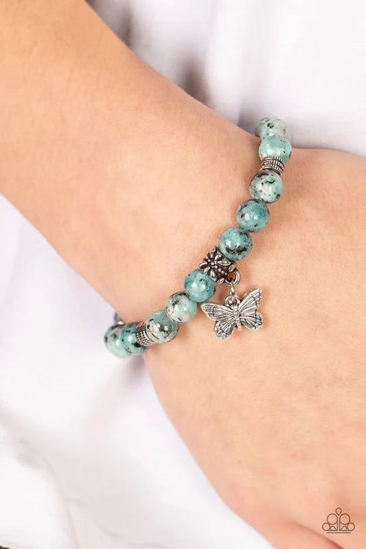 Butterfly Nirvana - Blue Stone Silver Butterfly Charm Stretchy Bracelet