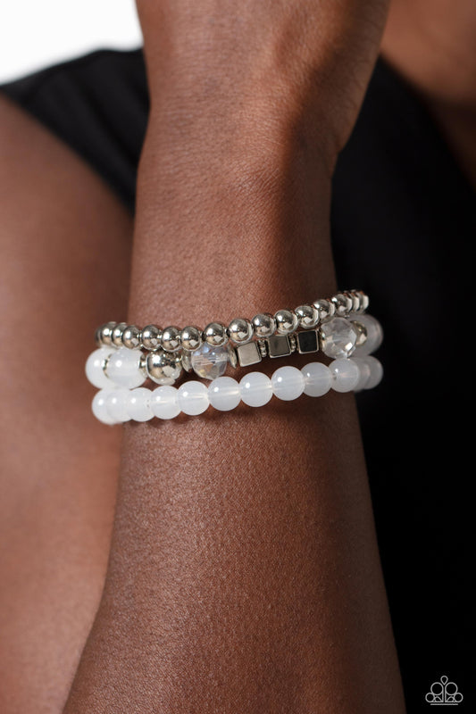 CUBE Your Enthusiasm - White and Silver Cube Bead Stretchy Bracelet Set