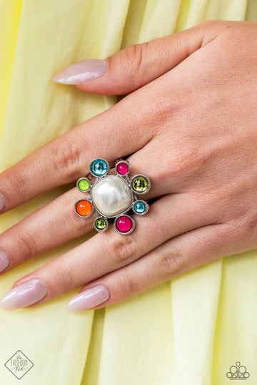 Candescent Collector - Multi Color Bead Pearl Silver Floral Ring - Fashion Fix