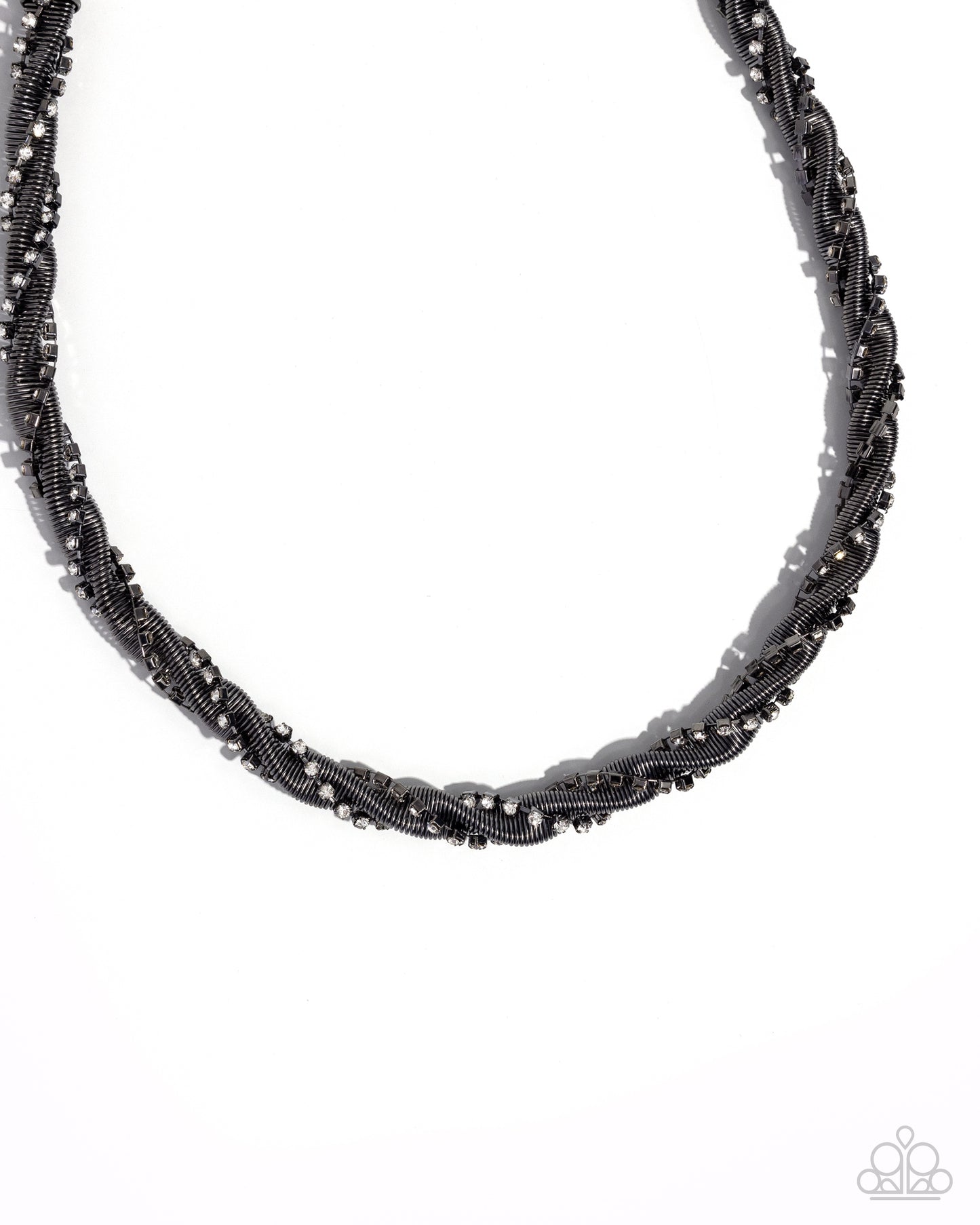 Candid Coils - Black Gunmetal White Rhinestone Twisted Short Necklace