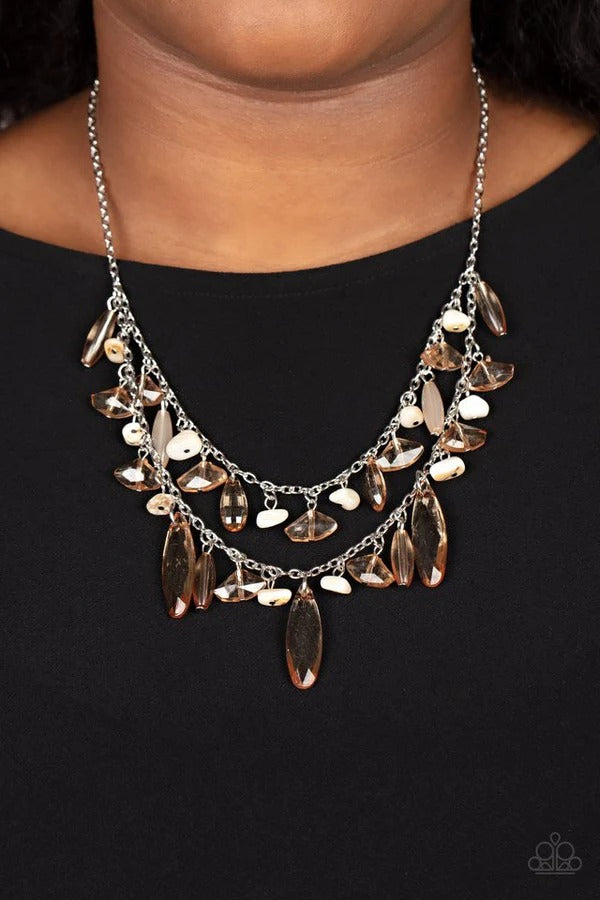 Candlelit Cabana - Brown Pebble Crystal Bead Layered Silver Short Necklace