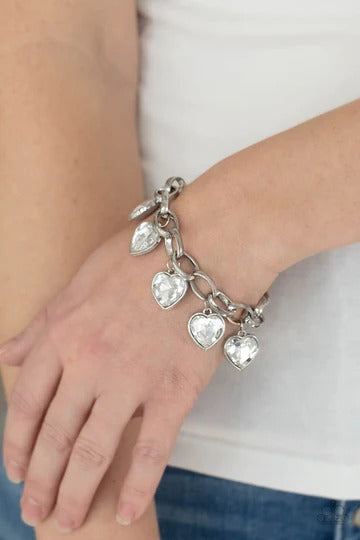 Candy Heart Charmer - White Heart Gem Silver Clasp Bracelet