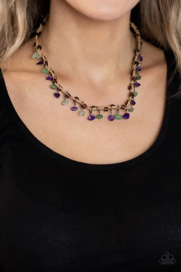 Canyon Voyage - Multi Green Purple Stone Cord Short Necklace