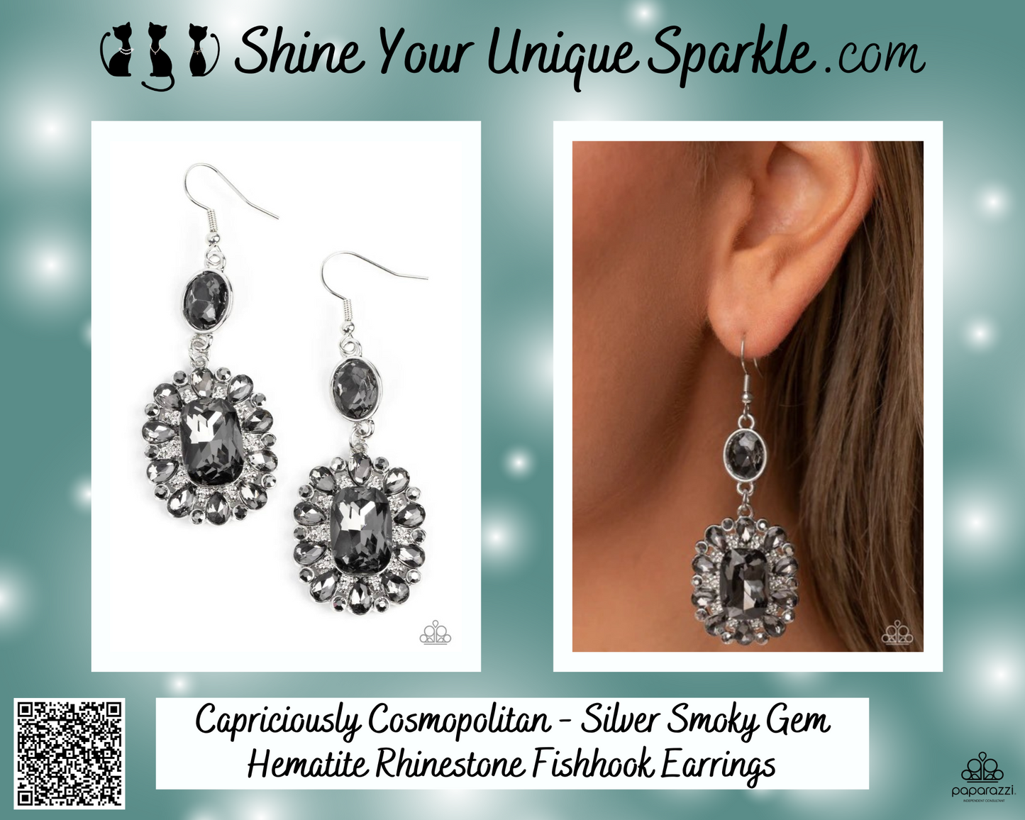 Capriciously Cosmopolitan - Silver Smoky Gem Hematite Rhinestone Fishhook Earrings