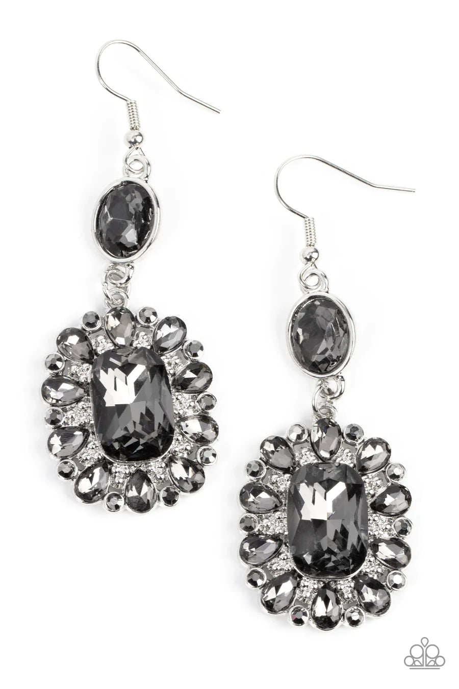 Capriciously Cosmopolitan - Silver Smoky Gem Hematite Rhinestone Fishhook Earrings