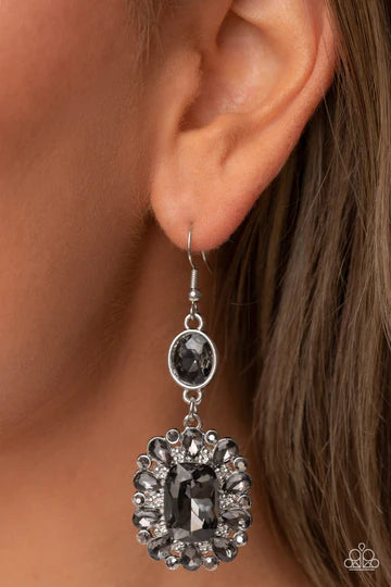 Capriciously Cosmopolitan - Silver Smoky Gem Hematite Rhinestone Fishhook Earrings