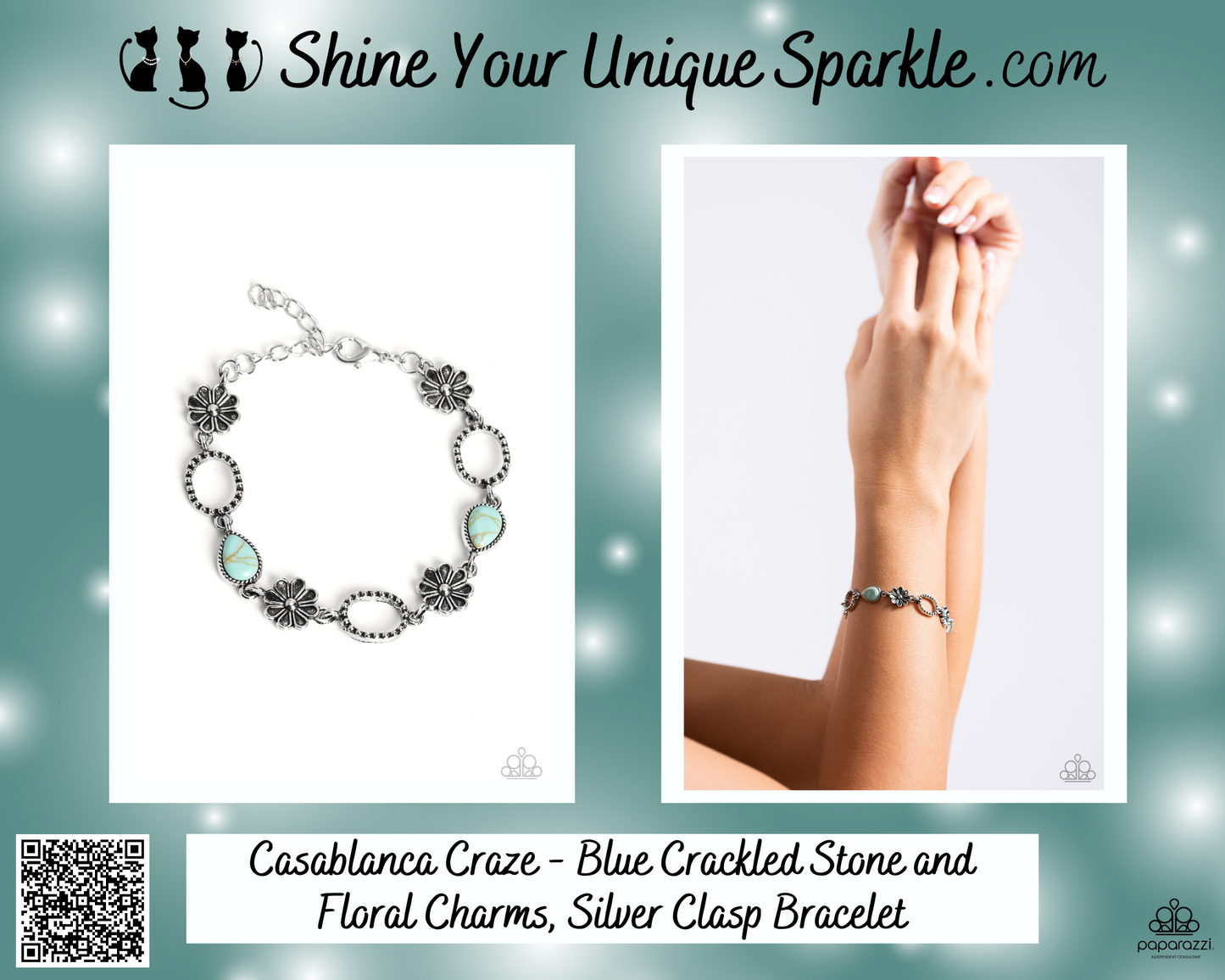 Casablanca Craze - Blue Crackled Stone and Floral Charms, Silver Clasp Bracelet