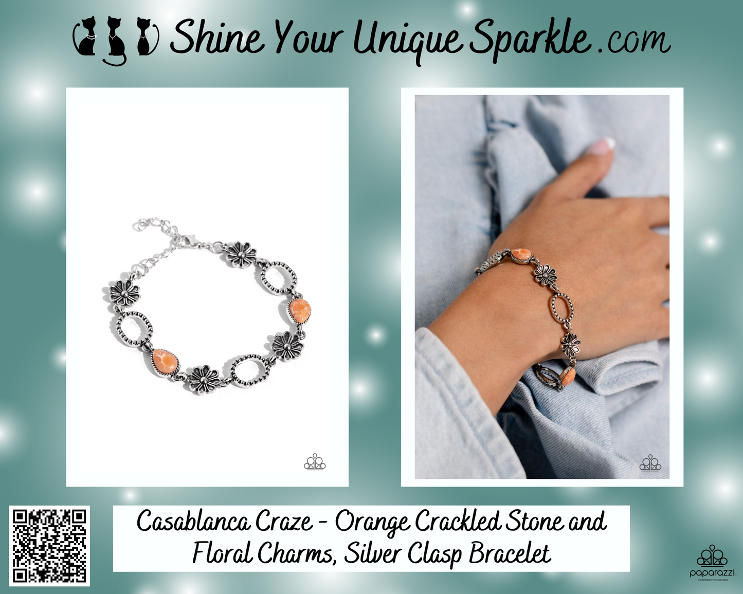 Casablanca Craze - Orange Crackled Stone and Floral Charms, Silver Clasp Bracelet