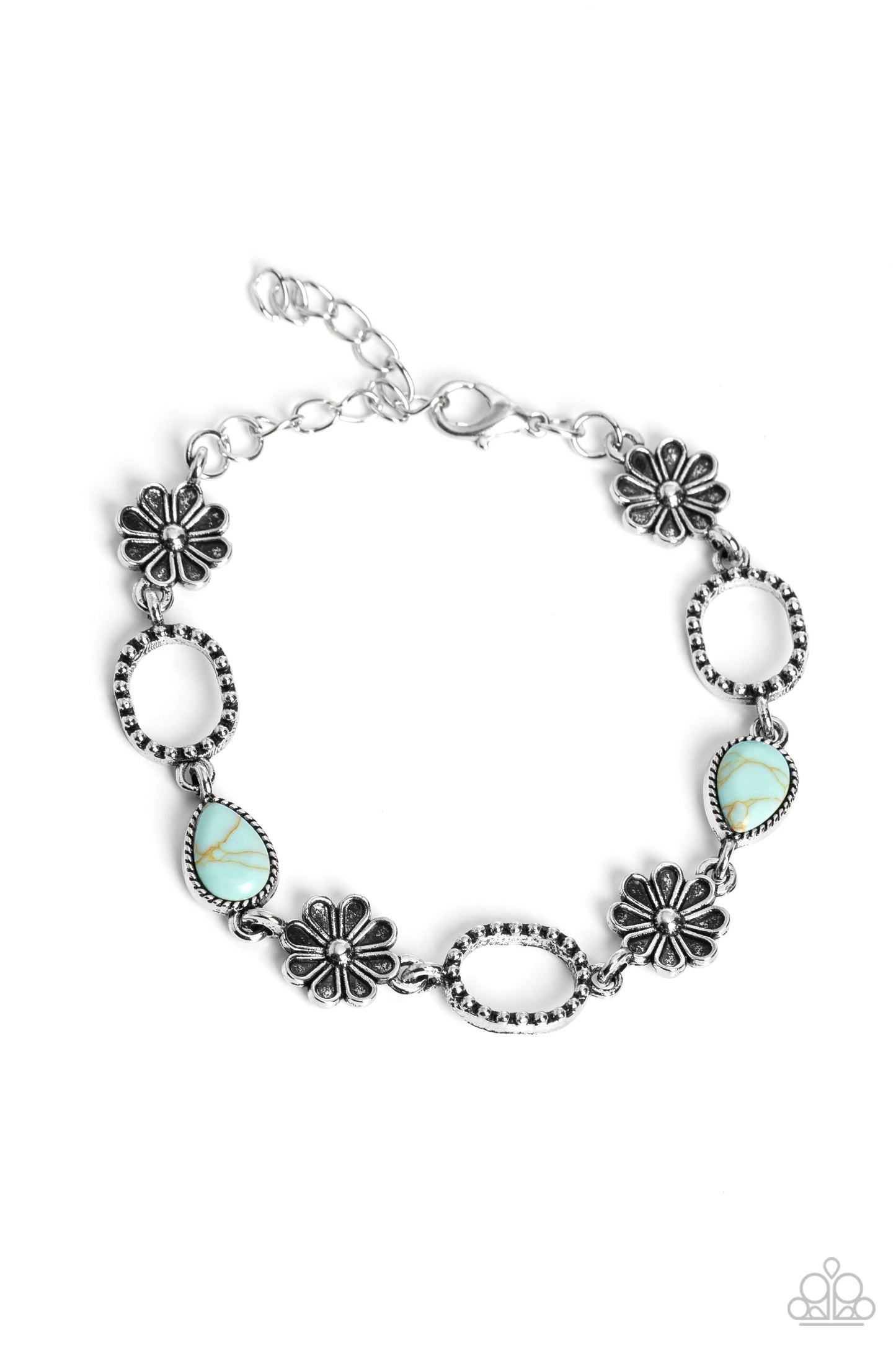 Casablanca Craze - Blue Crackled Stone and Floral Charms, Silver Clasp Bracelet