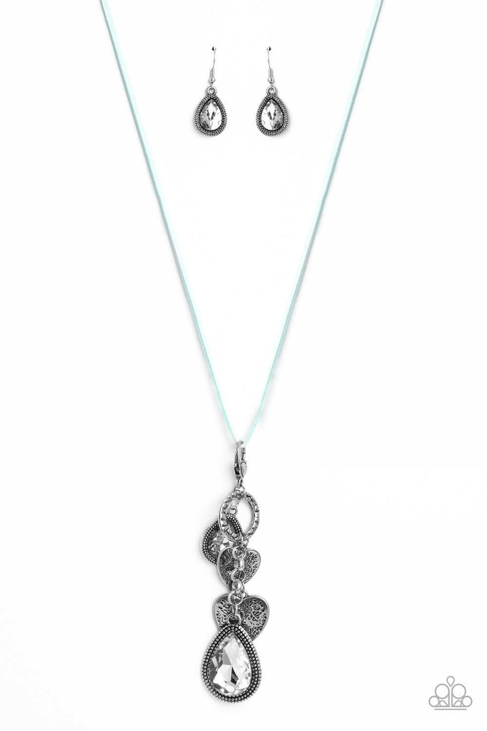 Casanova Clique - Silver Hearts Charms Gem Blue Cord Long Necklace