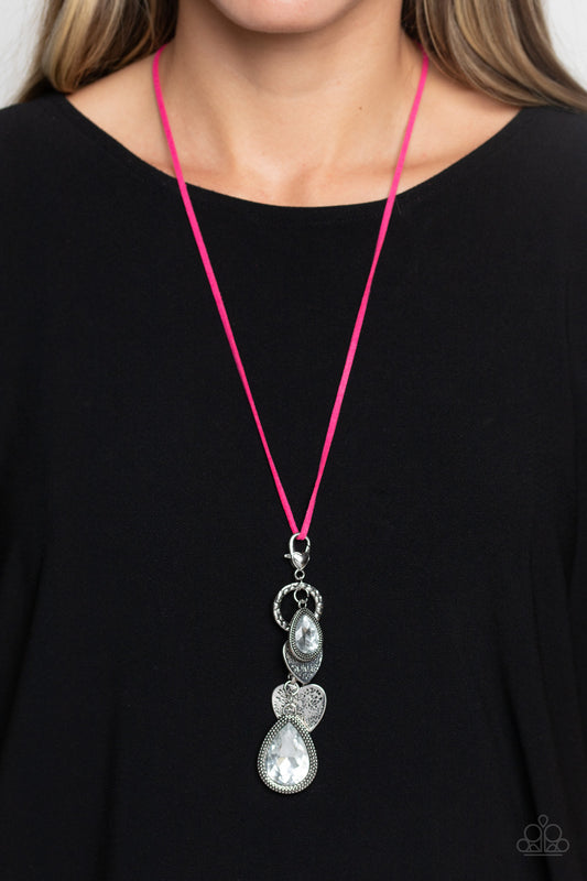 Casanova Clique - Silver Hearts Charms Gem Pink Cord Long Necklace