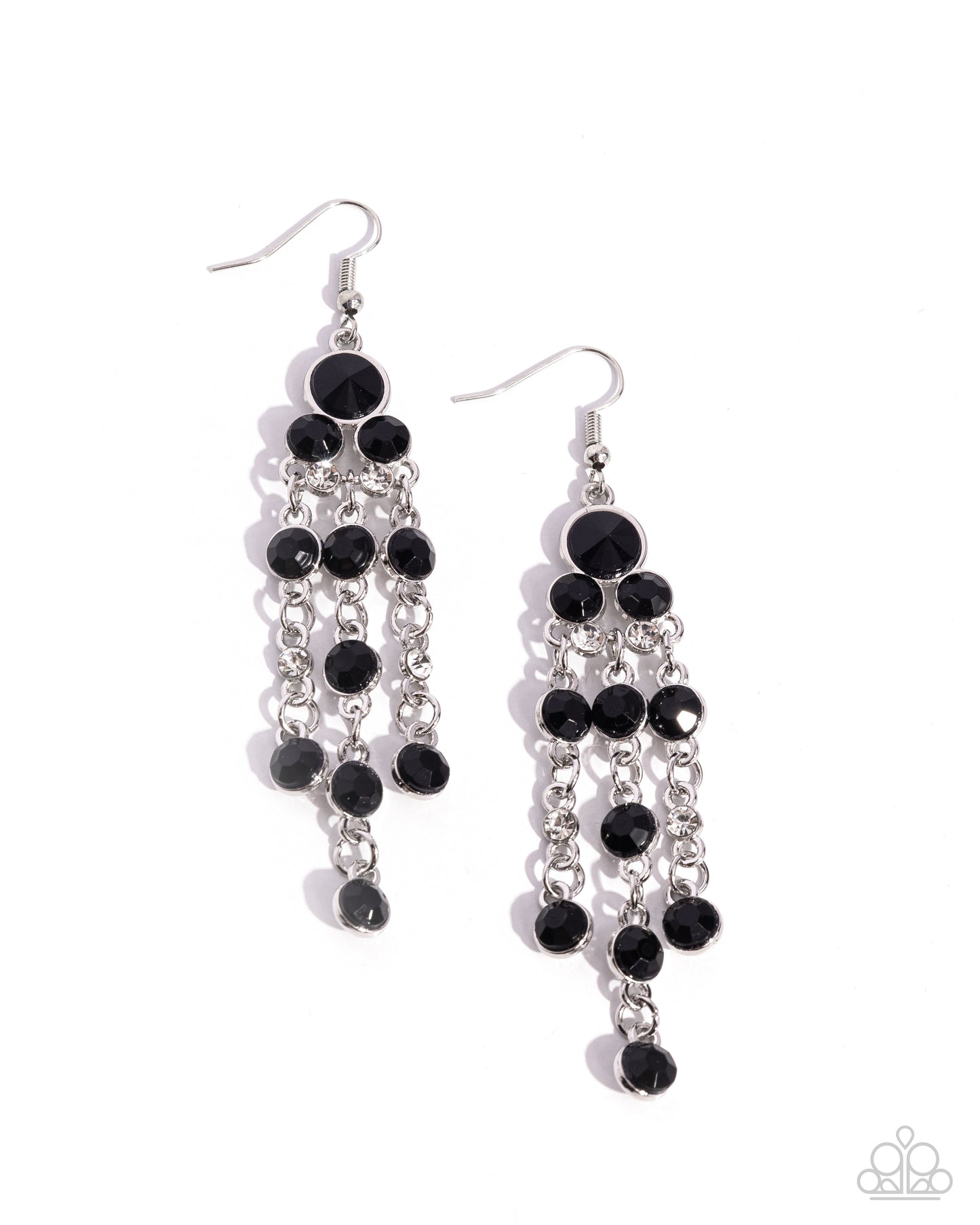 Cascading Clarity - Black Rhinestone Silver Fringe Fishhook Earrings