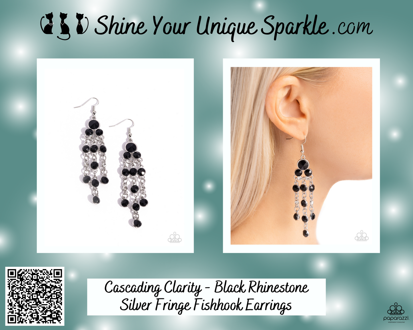 Cascading Clarity - Black Rhinestone Silver Fringe Fishhook Earrings