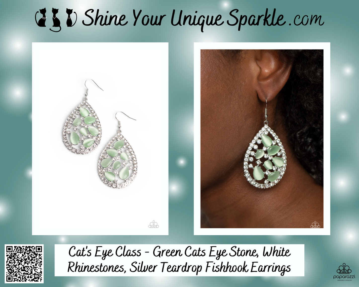 Cat's Eye Class - Green Cats Eye Stone, White Rhinestones, Silver Teardrop Fishhook Earrings