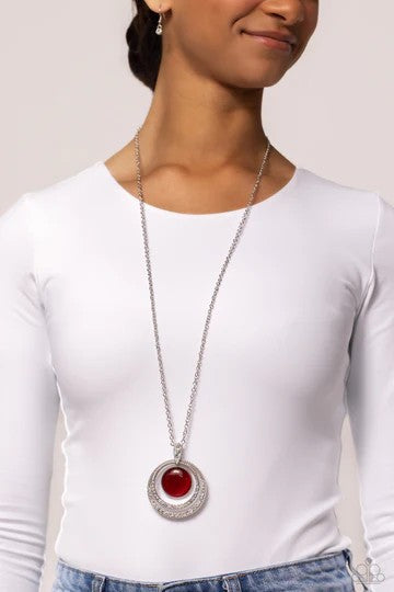 Cat's Eye Couture - Red Cat's Eye Stone with White Rhinestones Pendant, Silver Long Necklace