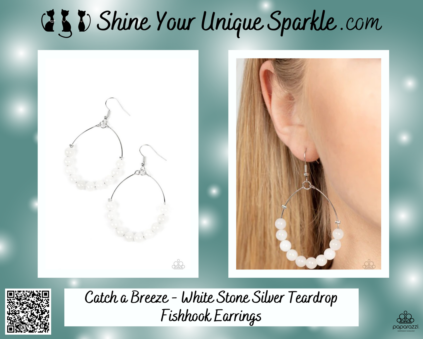 Catch a Breeze - White Stone Silver Teardrop Fishhook Earrings