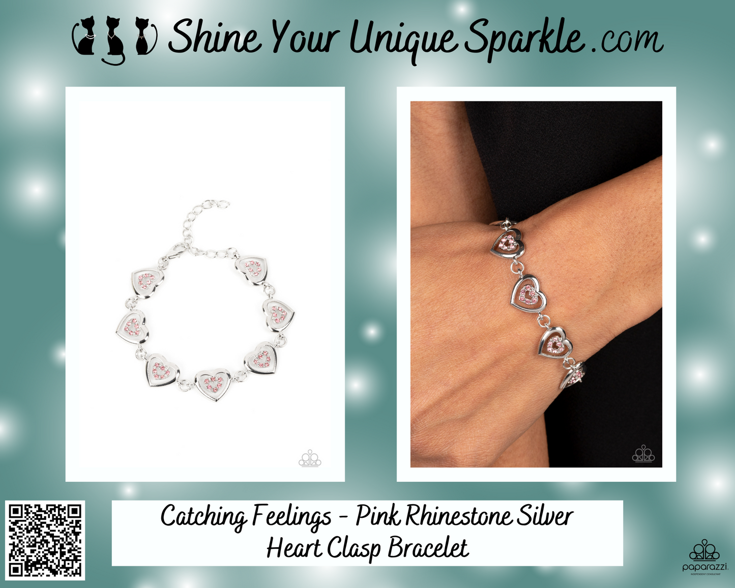 Catching Feelings - Pink Rhinestone Silver Heart Clasp Bracelet