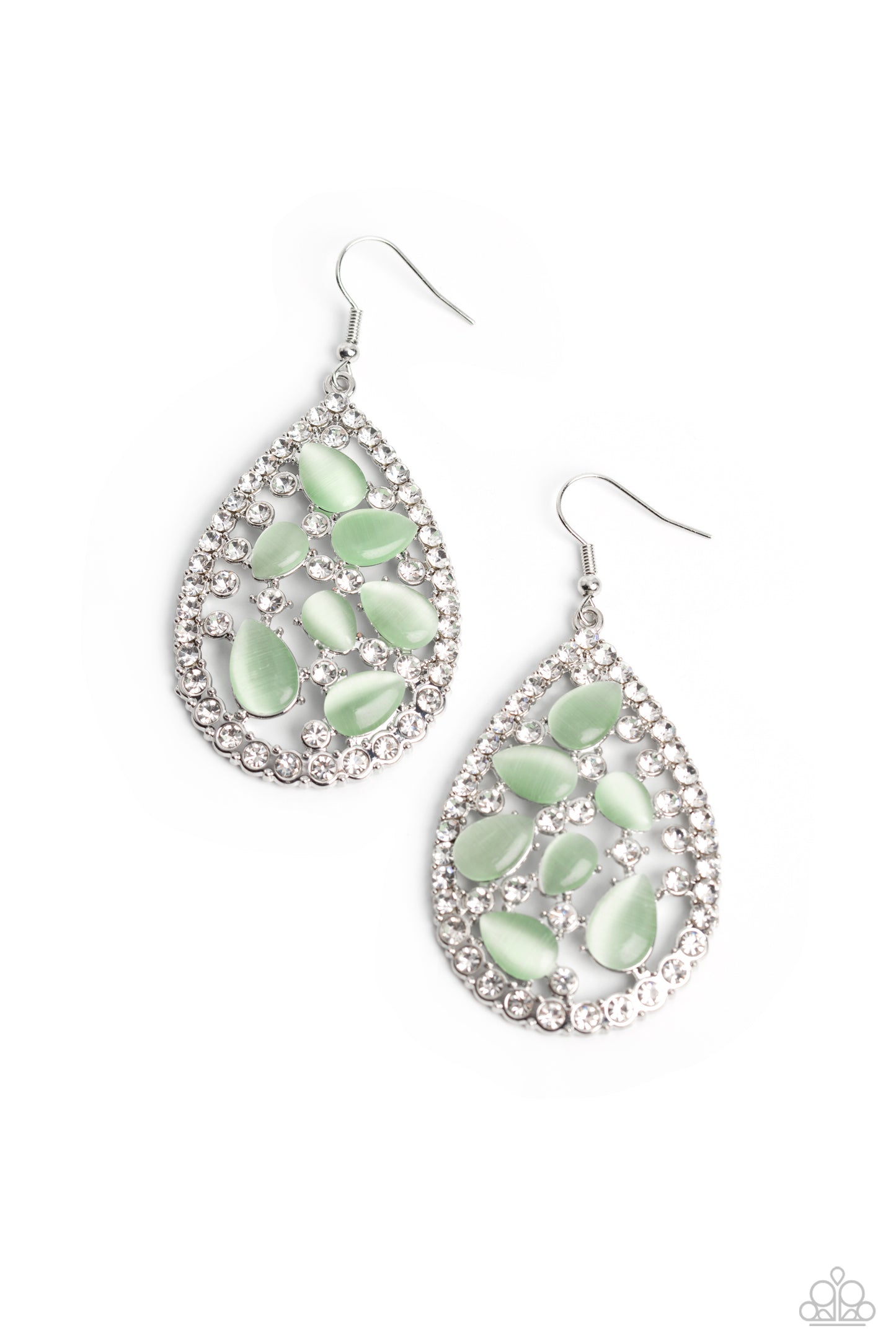 Cat's Eye Class - Green Cats Eye Stone, White Rhinestones, Silver Teardrop Fishhook Earrings