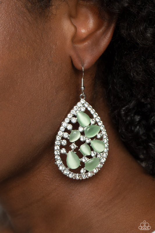 Cat's Eye Class - Green Cats Eye Stone, White Rhinestones, Silver Teardrop Fishhook Earrings