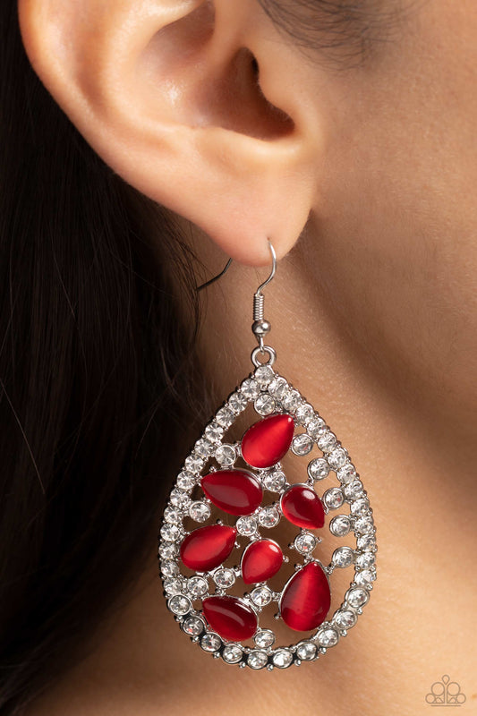 Cat's Eye Class - Red Cats Eye Stone, White Rhinestones, Silver Teardrop Fishhook Earrings