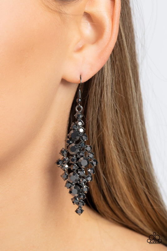 Celestial Comet - Black Gunmetal Hematite Rhinestone Cluster Fishhook Earrings