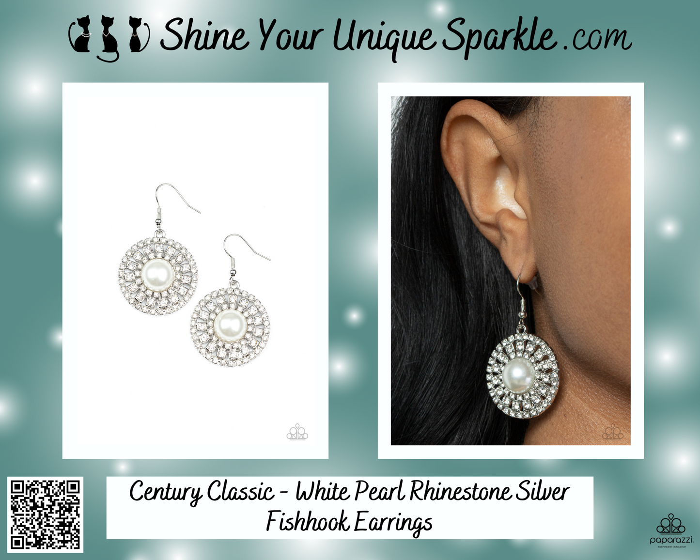 Century Classic - White Pearl Rhinestone Silver Fishhook Earrings