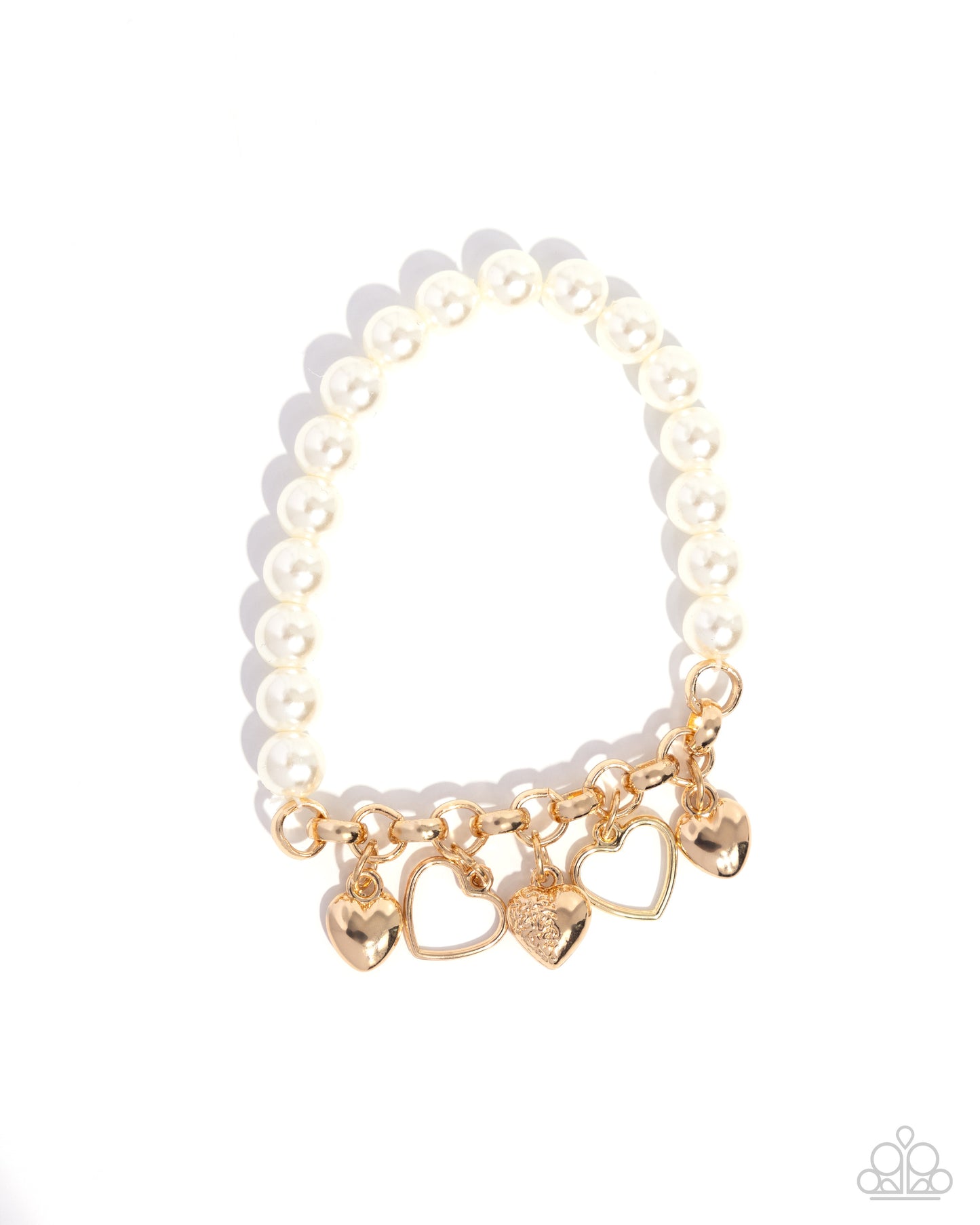 Charming Candidate - Gold Heart Charms and White Pearls Gold Clasp Bracelet