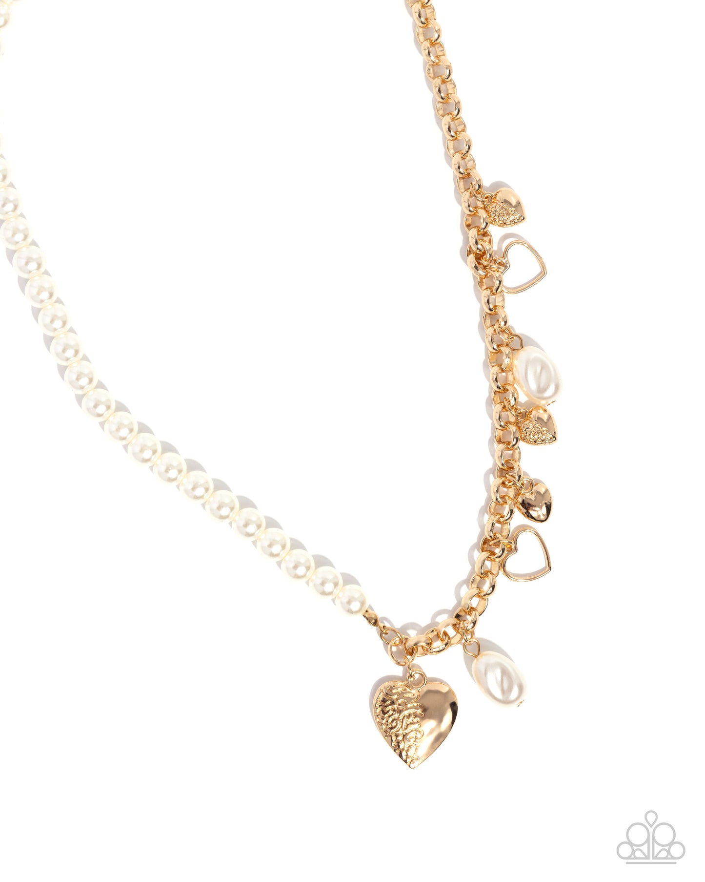 Charming Competitor - Gold Heart Charms and White Pearls Short Necklace