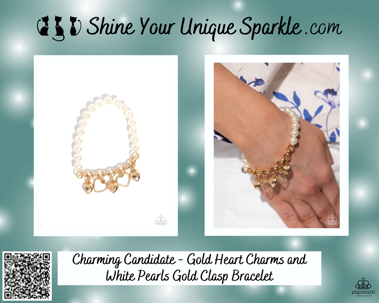 Charming Candidate - Gold Heart Charms and White Pearls Gold Clasp Bracelet