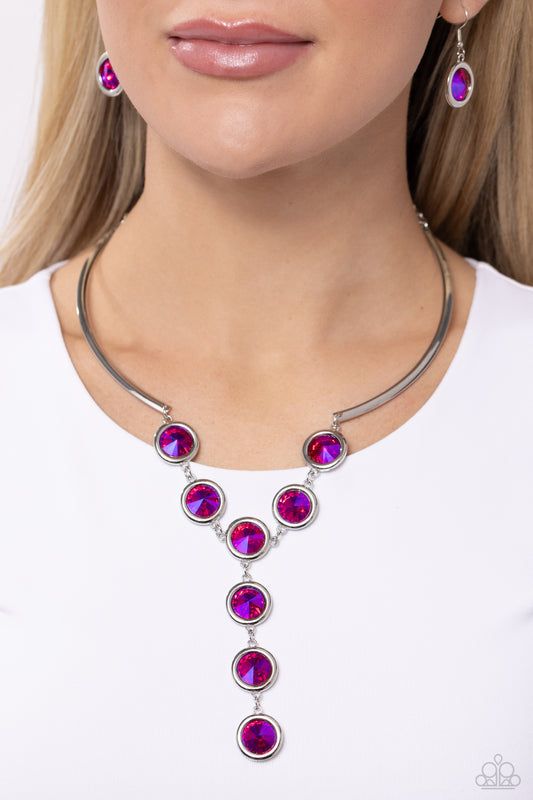 Cheers to Confidence - Pink UV Iridescent Gem Silver Y Short Necklace