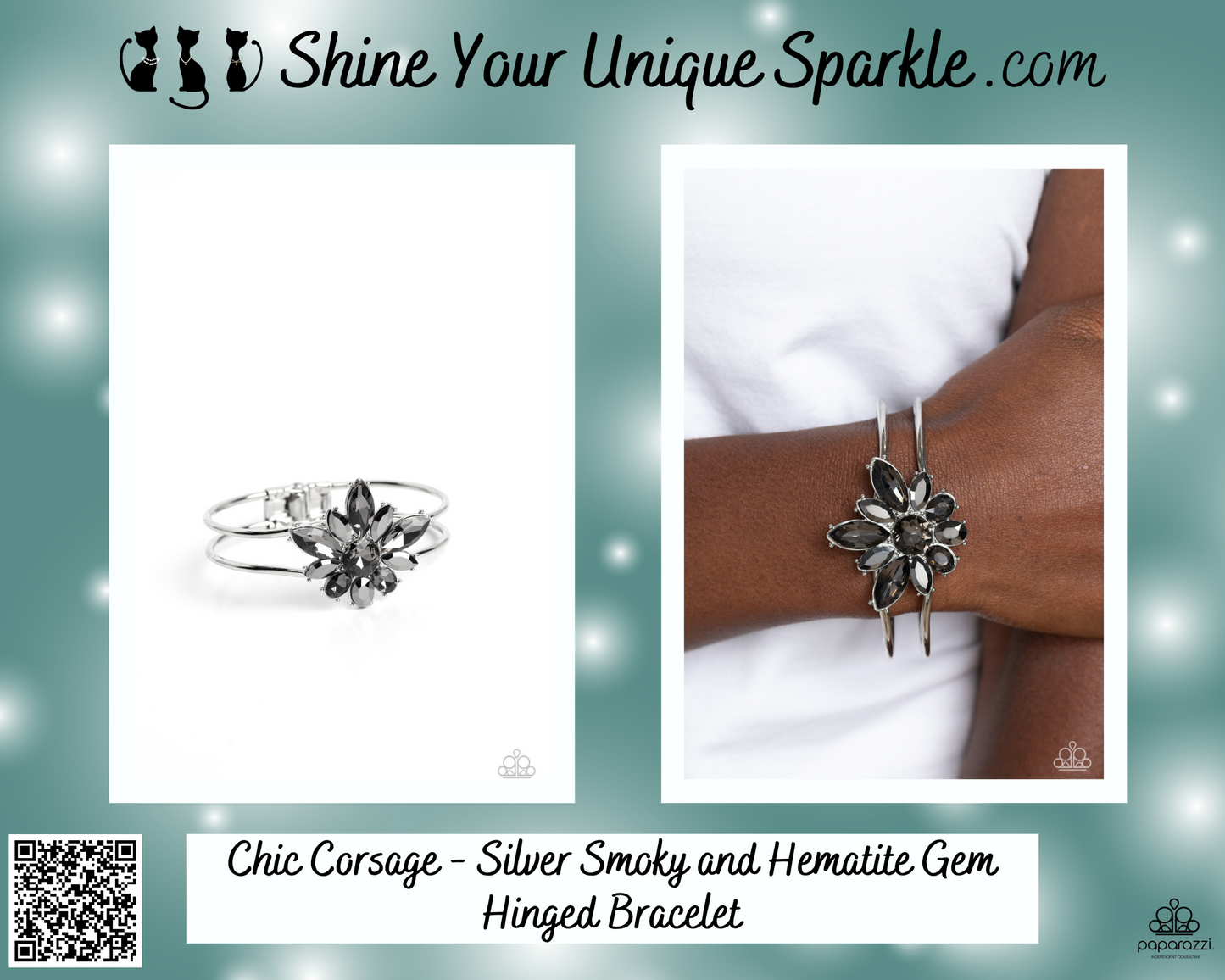 Chic Corsage - Silver Smoky and Hematite Gem Hinged Bracelet