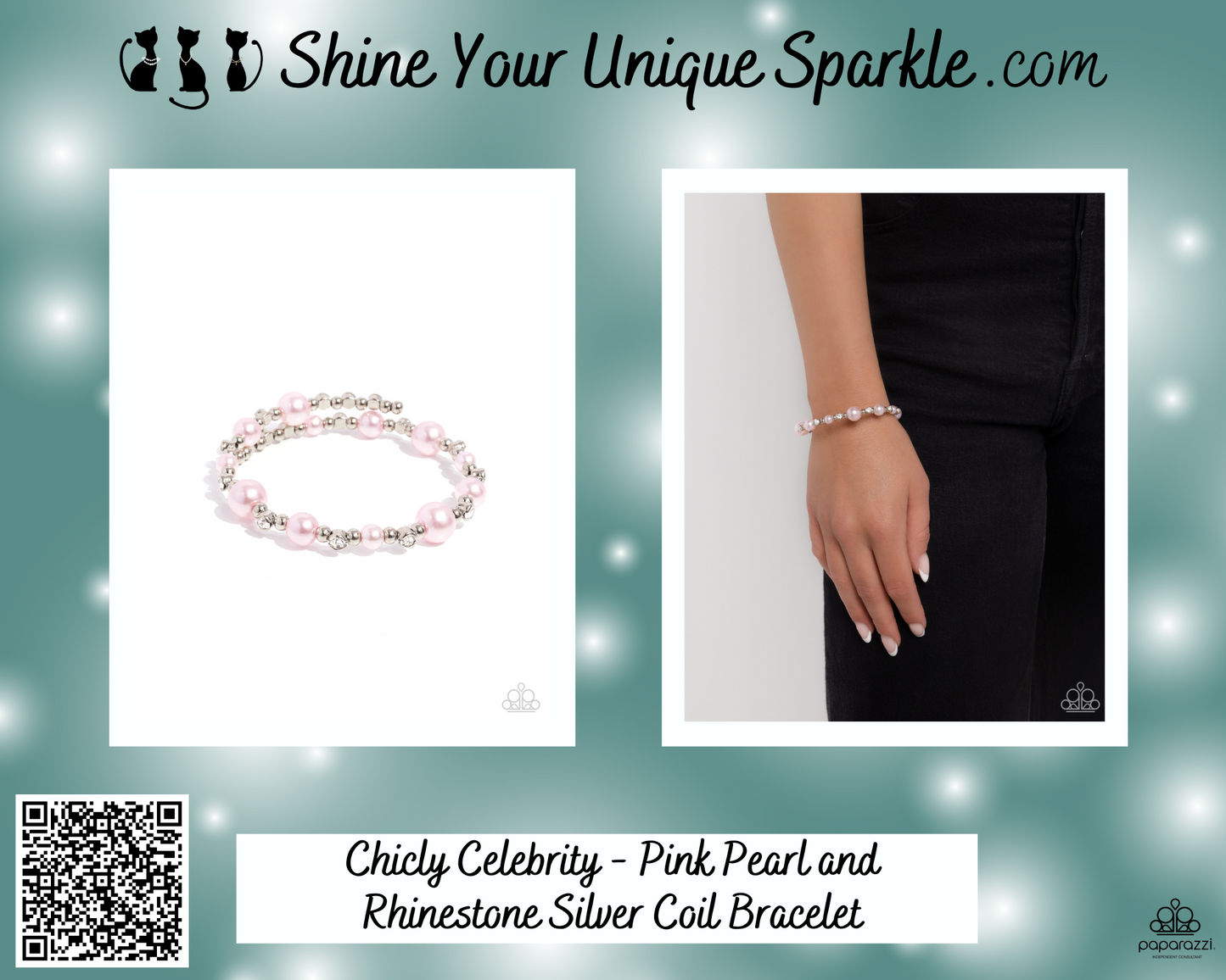 Chicly Celebrity - Pink Pearl and Rhinestone Silver Coil Bracelet