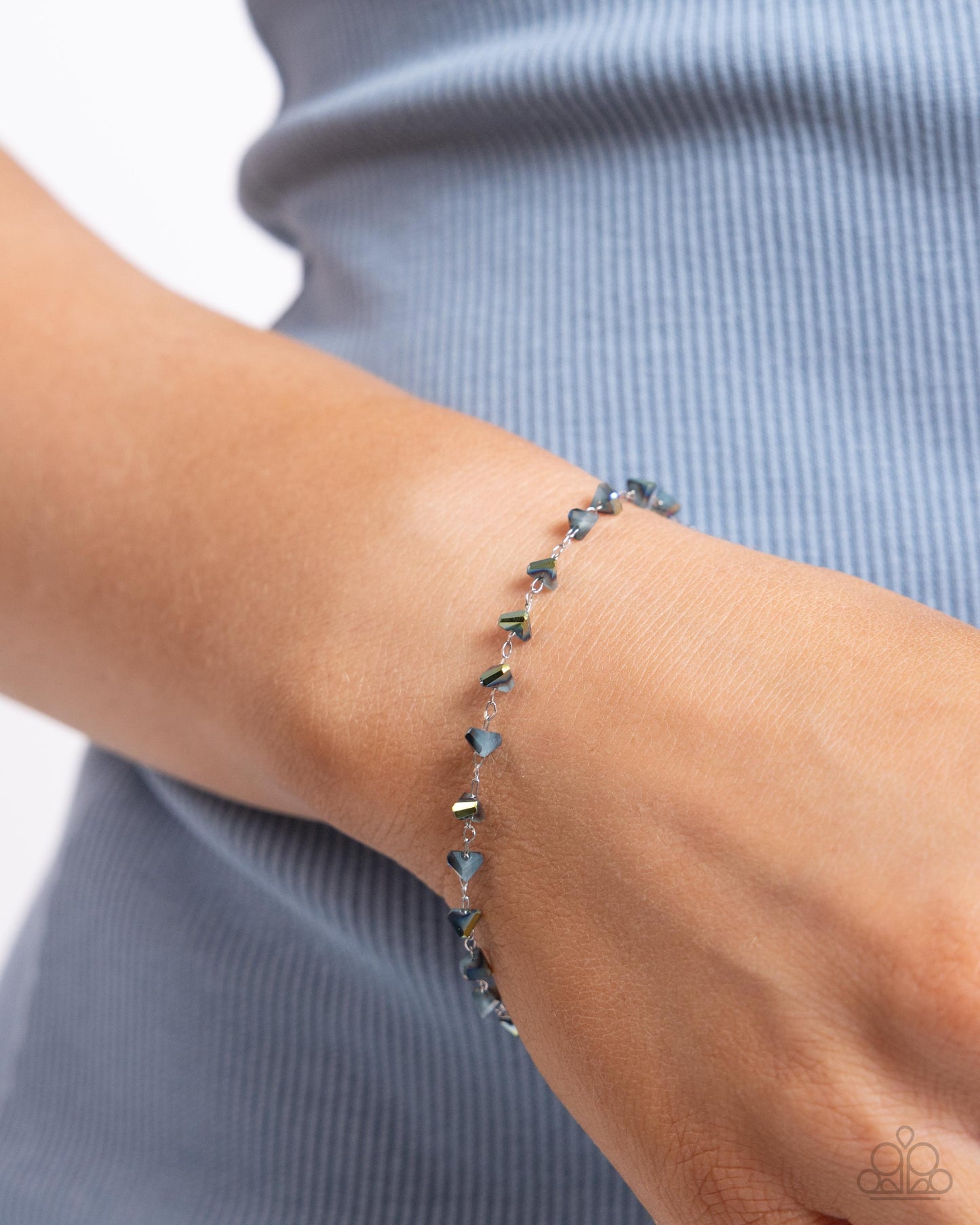 PERFECT MATCH / SET: Chiseled Candidate - Blue Oil Spill Bead Silver Short Necklace AND Chiseled Character - Blue Oil Spill Bead Oil Spill Clasp Bracelet