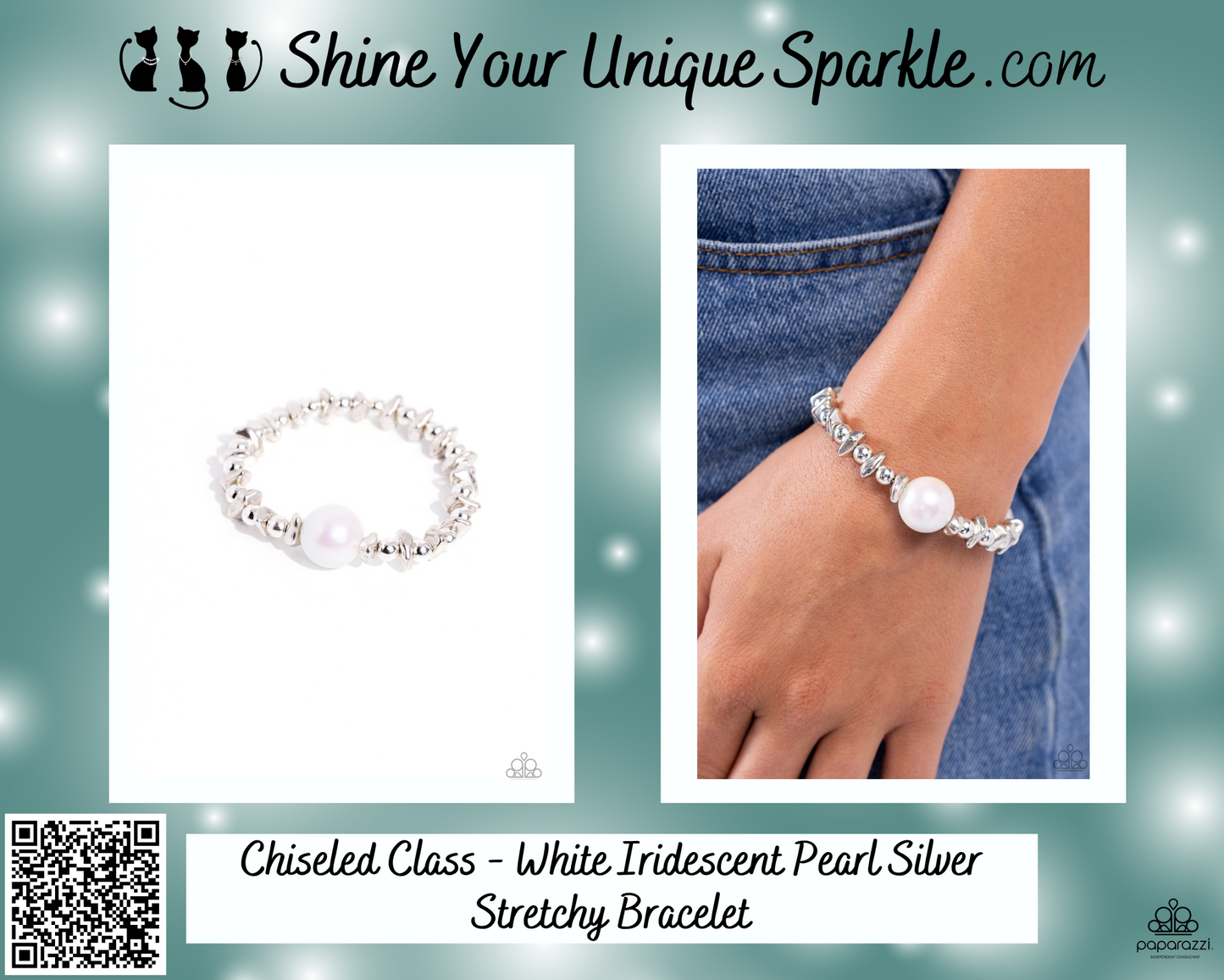 Chiseled Class - White Iridescent Pearl Silver Stretchy Bracelet