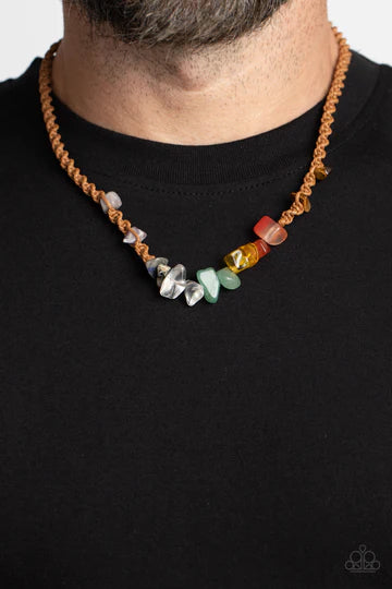 Chiseled Craving - Brown Cord Multi-colored Stone Urban Necklace