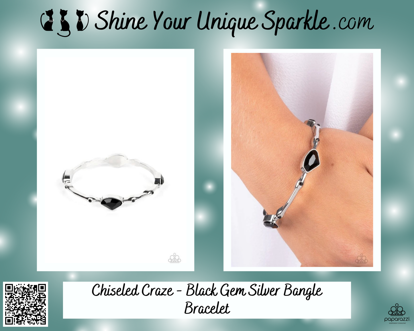 Chiseled Craze - Black Gem Silver Bangle Bracelet