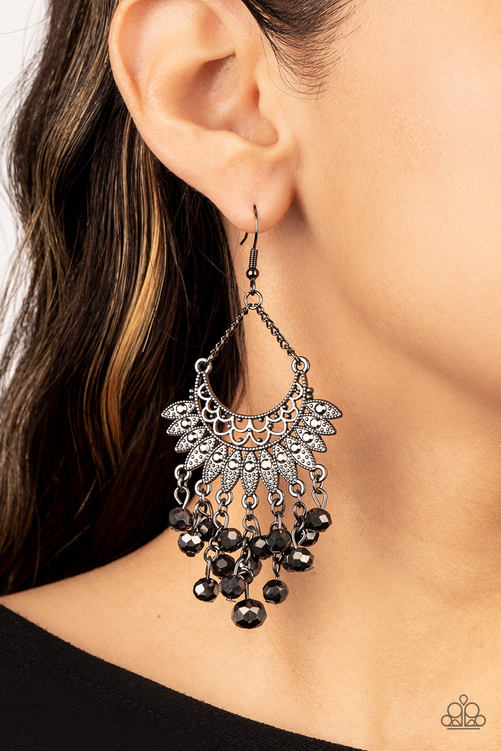 Chromatic Cascade - Black Hematite Crystal Fringe Gunmetal Fishhook Earrings