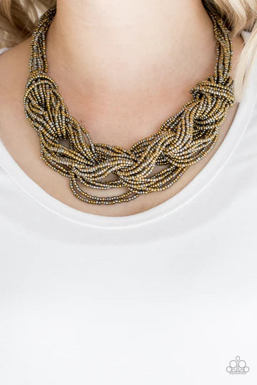 City Catwalk - Brass and Gunmetal Seed Bead Braided Short Necklace