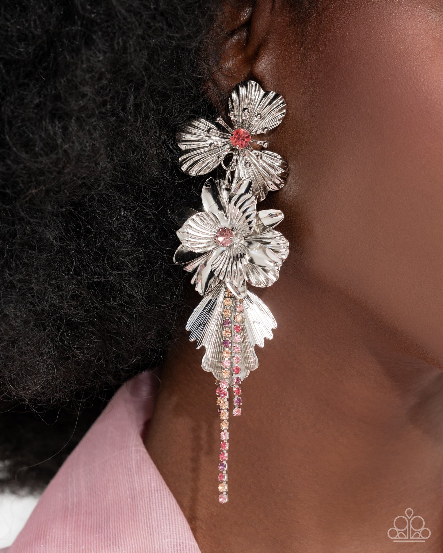 Classical Cadenza - Multi Pink Iridescent Rhinestone Silver Flower Post Earrings - Life of the Party