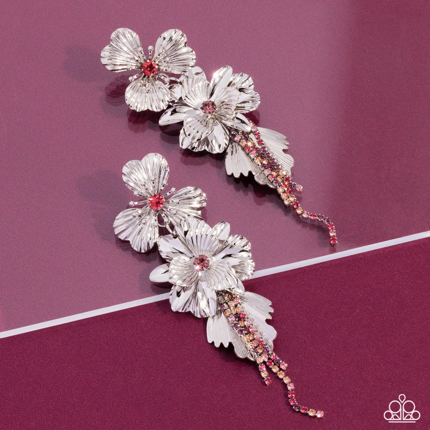 Classical Cadenza - Multi Pink Iridescent Rhinestone Silver Flower Post Earrings - Life of the Party