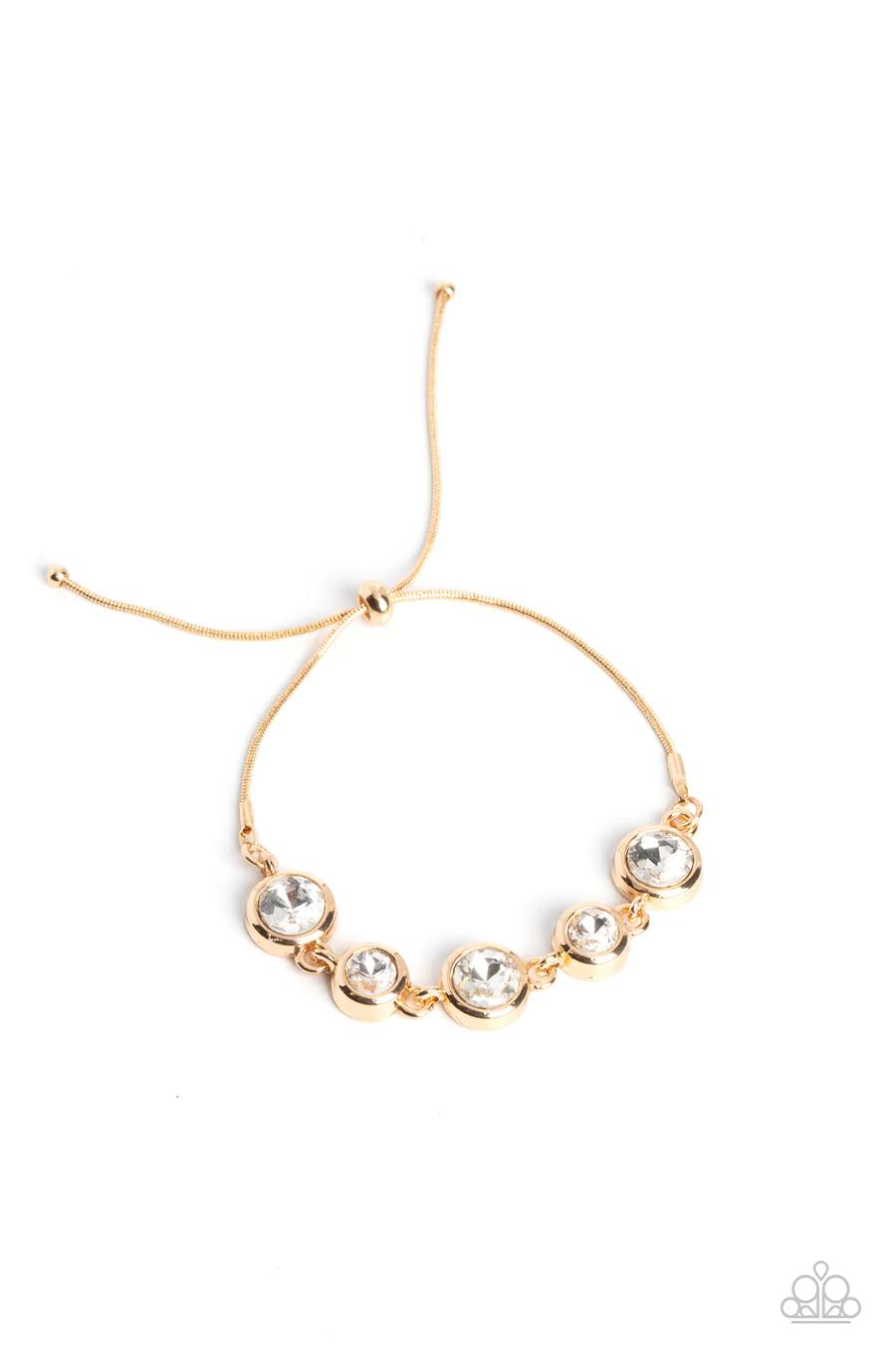 PERFECT MATCH / SET: Elegantly Elite - Gold Circle White Rhinestone Short Necklace, Classically Cultivated - Gold Circle White Rhinestone Slide Bracelet, AND Dapperly Deluxe - Gold Circle White Rhinestone Fishhook Earrings