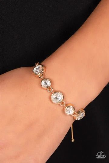 PERFECT MATCH / SET: Elegantly Elite - Gold Circle White Rhinestone Short Necklace, Classically Cultivated - Gold Circle White Rhinestone Slide Bracelet, AND Dapperly Deluxe - Gold Circle White Rhinestone Fishhook Earrings
