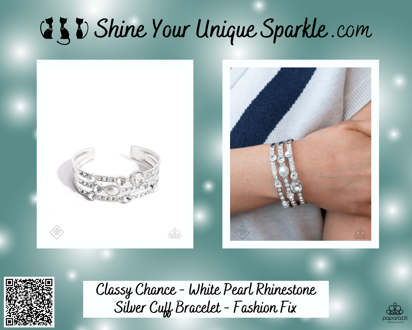 Classy Chance - White Pearl Rhinestone Silver Cuff Bracelet - Fashion Fix