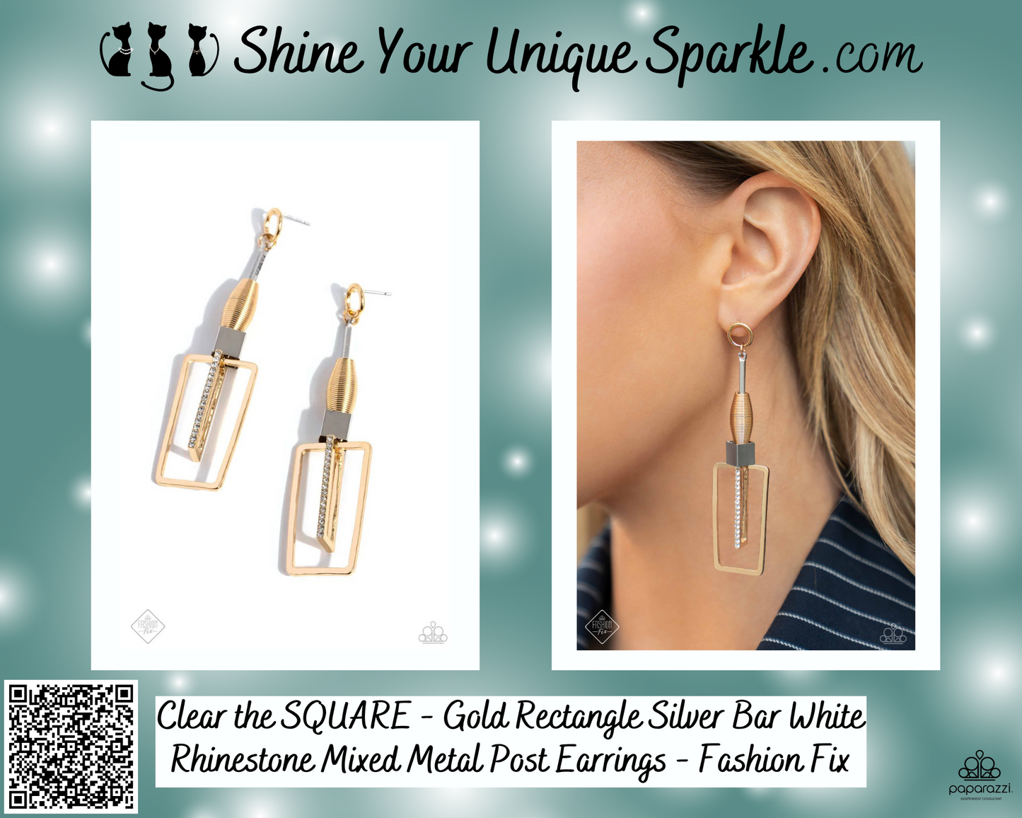 Clear the SQUARE - Gold Rectangle Silver Bar White Rhinestone Mixed Metal Post Earrings - Fashion Fix