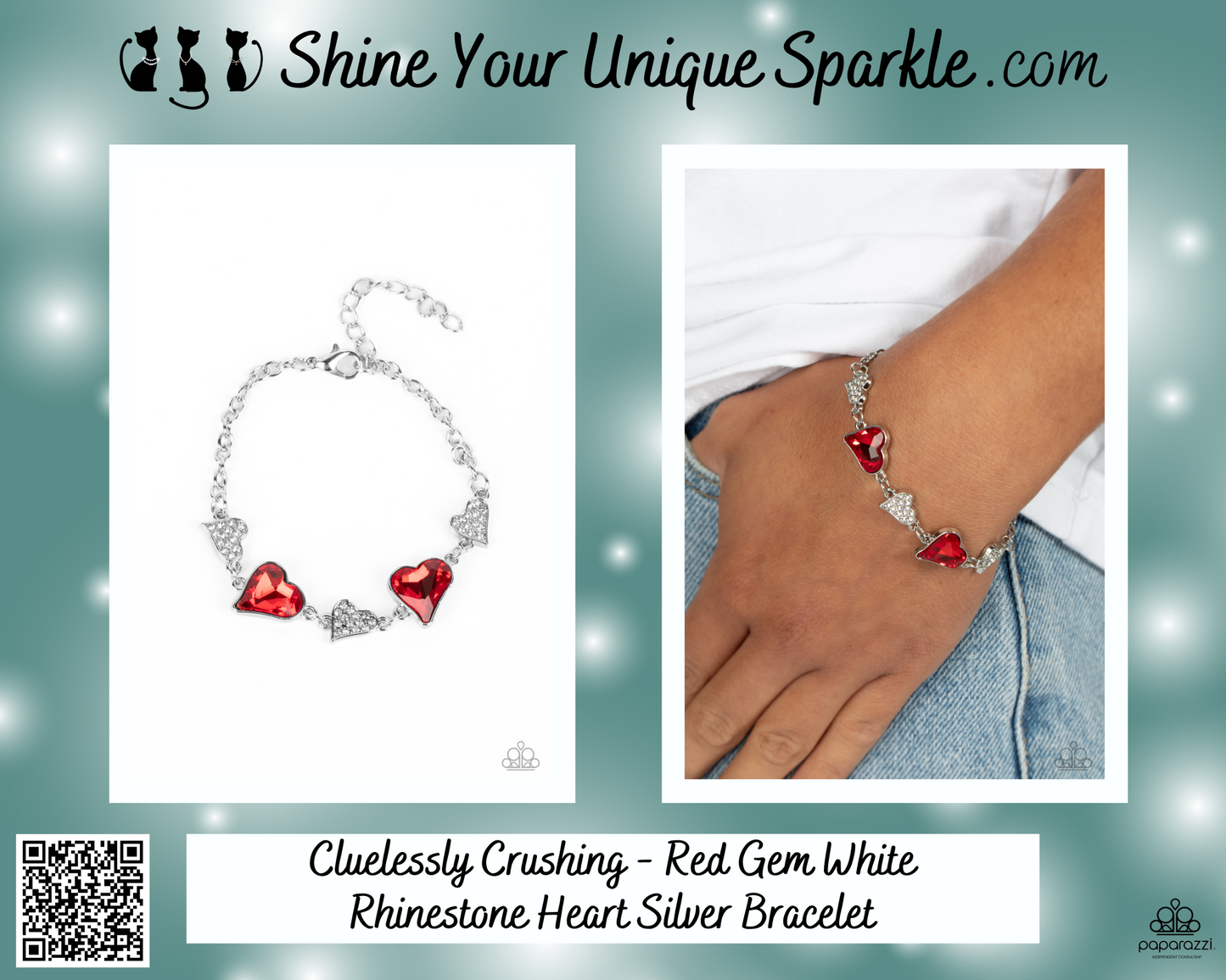 Cluelessly Crushing - Red Gem White Rhinestone Heart Silver Bracelet