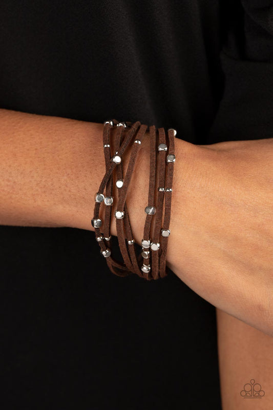 Clustered Constellations - Brown Suede Cord Silver Bead Magnet Bracelet