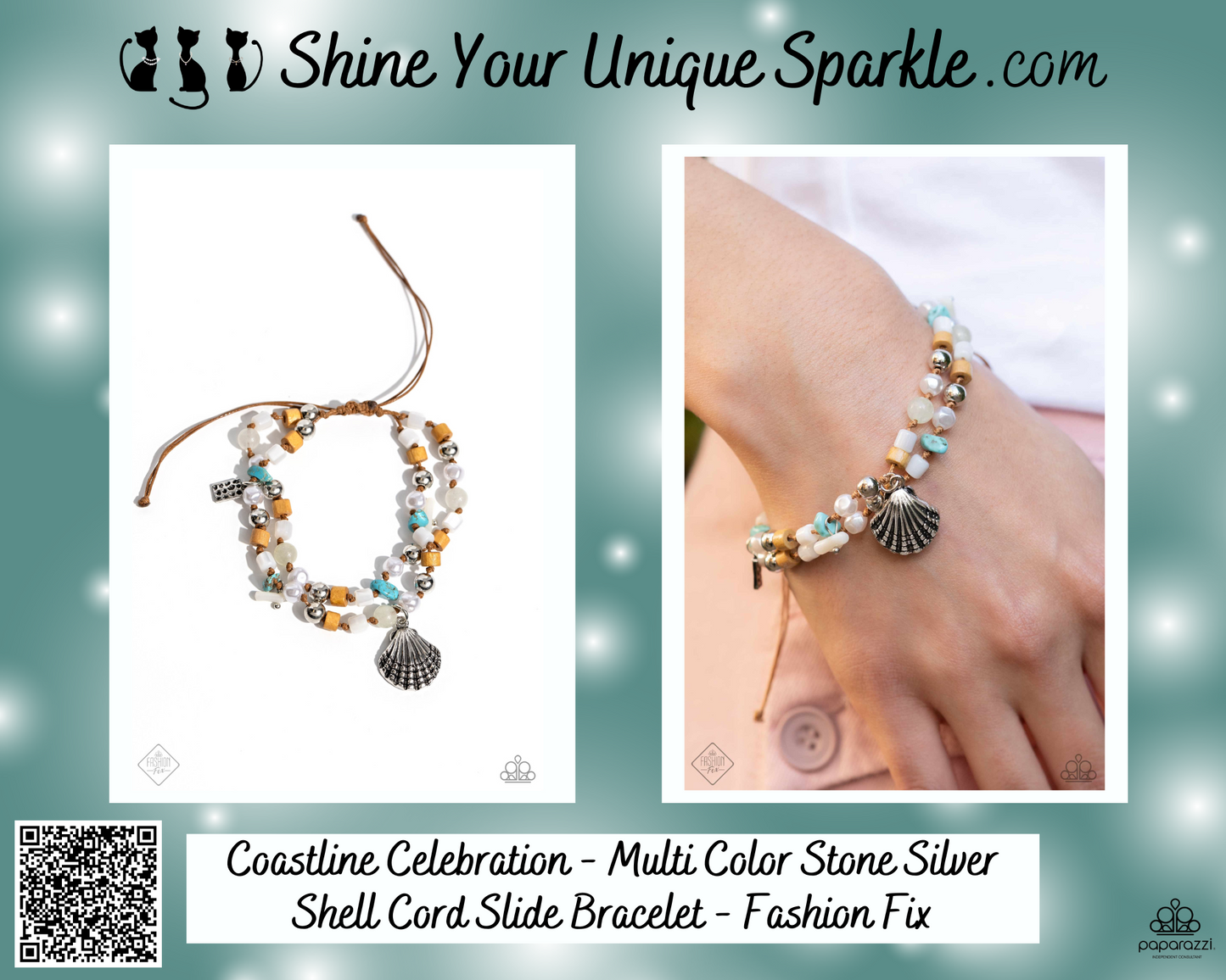 Coastline Celebration - Multi Color Stone Silver Shell Cord Slide Bracelet - Fashion Fix