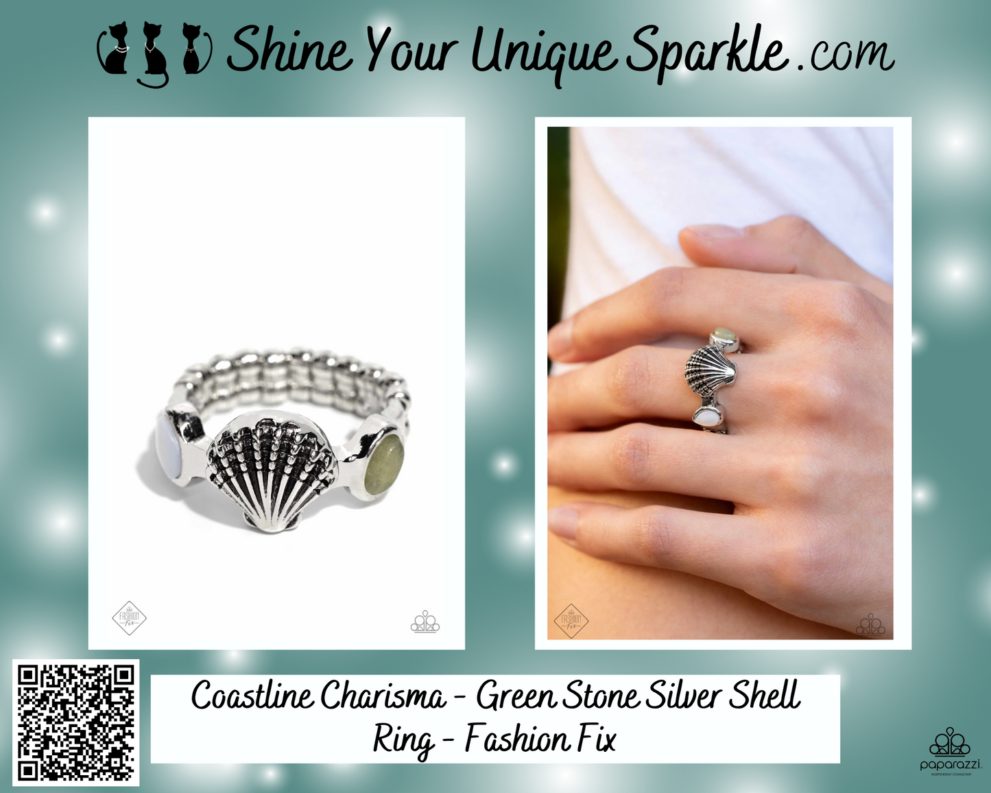 Coastline Charisma - Green Stone Silver Shell Ring - Fashion Fix