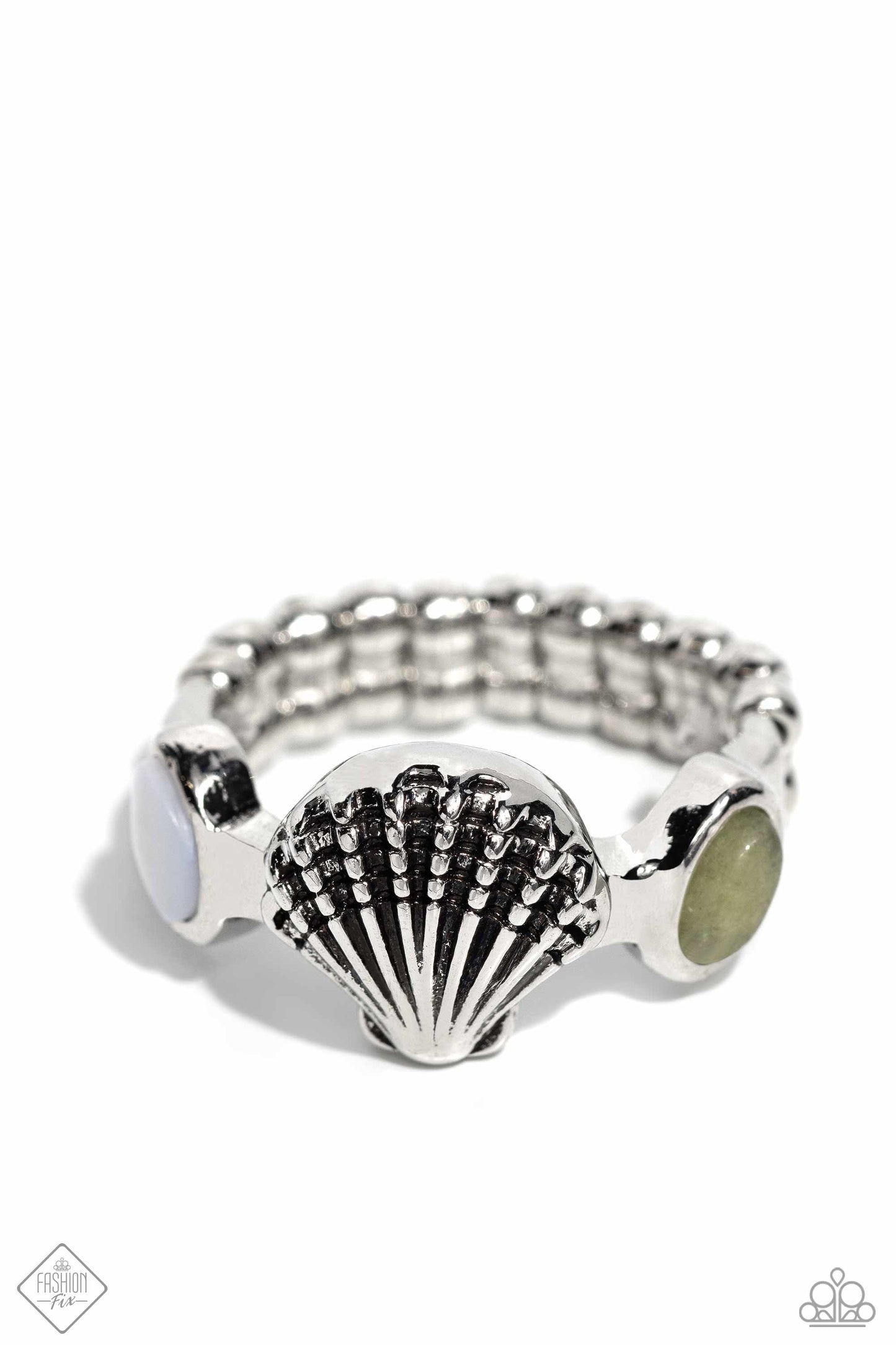 Coastline Charisma - Green Stone Silver Shell Ring - Fashion Fix